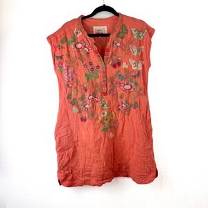 Biya Johnny Was Coral Pink Embroidered Cotton Gauze Butterfly Floral Tunic Top